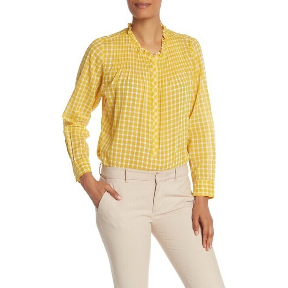 J. Crew women's Pleated Bib Ruffle Trim Shirt In Yellow Gingham Size XS